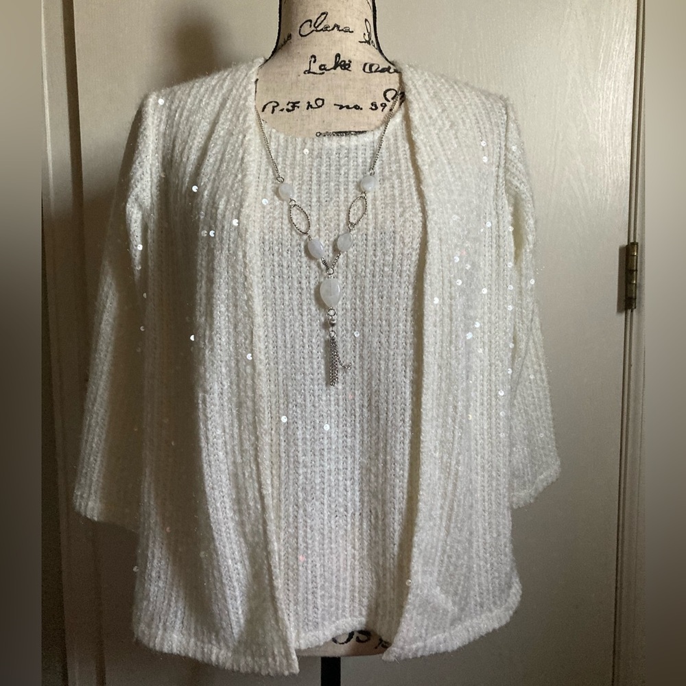 *Alfred Dunner Petite White Sequin Scoop Neck 3/4 Sleeve Open Cardigan Sweater#W